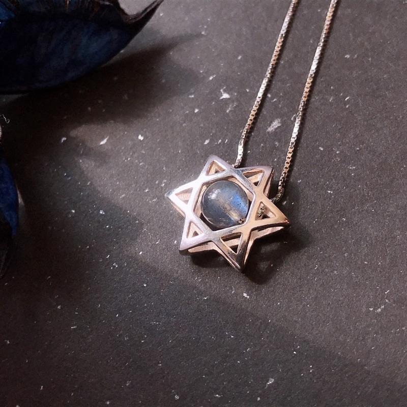 [zoeverglow]灰月光s925純銀項鍊｜拉長石 六芒星 藍光 立體星-細節圖5