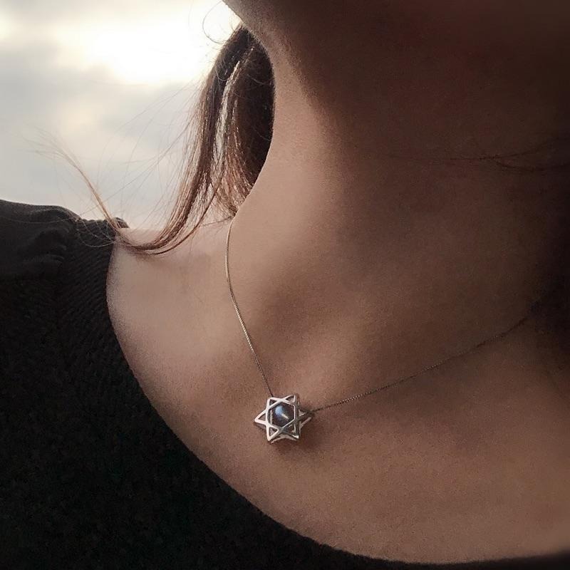 [zoeverglow]灰月光s925純銀項鍊｜拉長石 六芒星 藍光 立體星-細節圖9