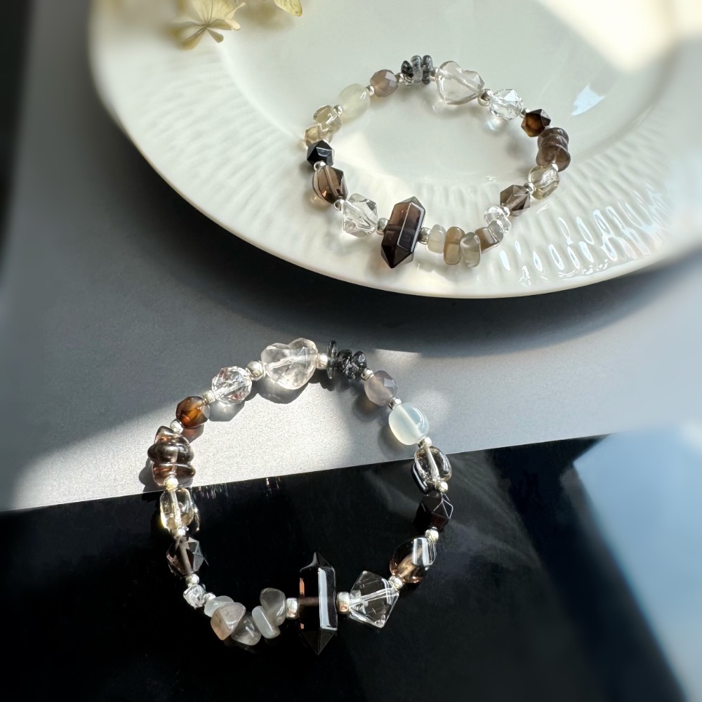 ［zoeverglow] 茶水晶雙尖 x 白茶晶心型刻面 x 魔晶宙斯 s925手串｜中性 自然系 守護 安定 美拉德-細節圖5
