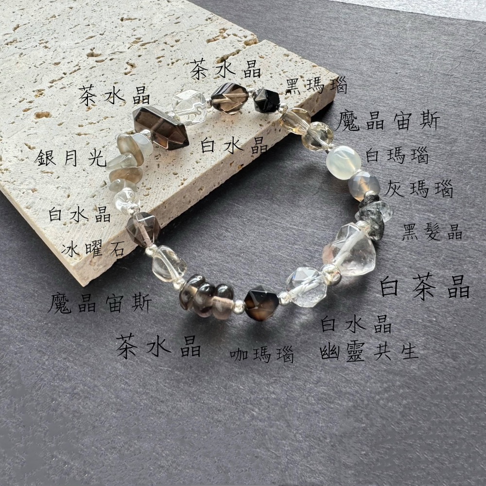［zoeverglow] 茶水晶雙尖 x 白茶晶心型刻面 x 魔晶宙斯 s925手串｜中性 自然系 守護 安定 美拉德-細節圖11