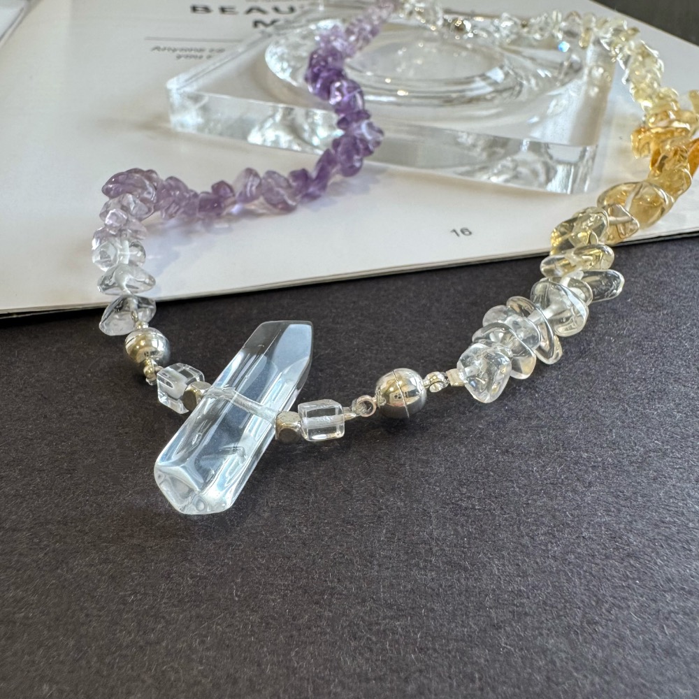 [zoeverglow] 天然水晶頸鍊 紫水晶 × 黃水晶 × 白水晶柱｜磁吸式 可變雙圈 單圈手鍊 頸鍊｜孤品 療癒系-細節圖2