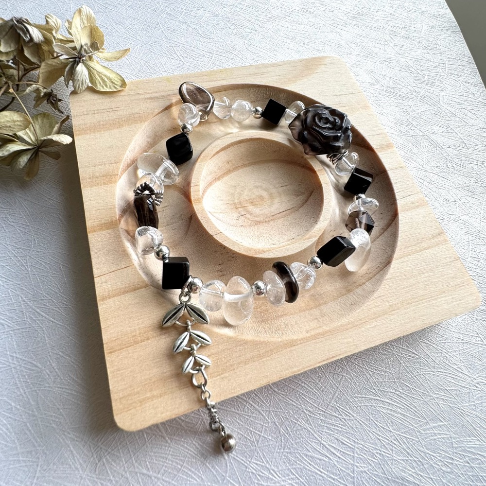 [zoeverglow] 冰曜石玫瑰水晶手串｜黑瑪瑙 × 白水晶 × 茶水晶｜天然水晶手作設計 療癒系 守護 清冷風-細節圖8