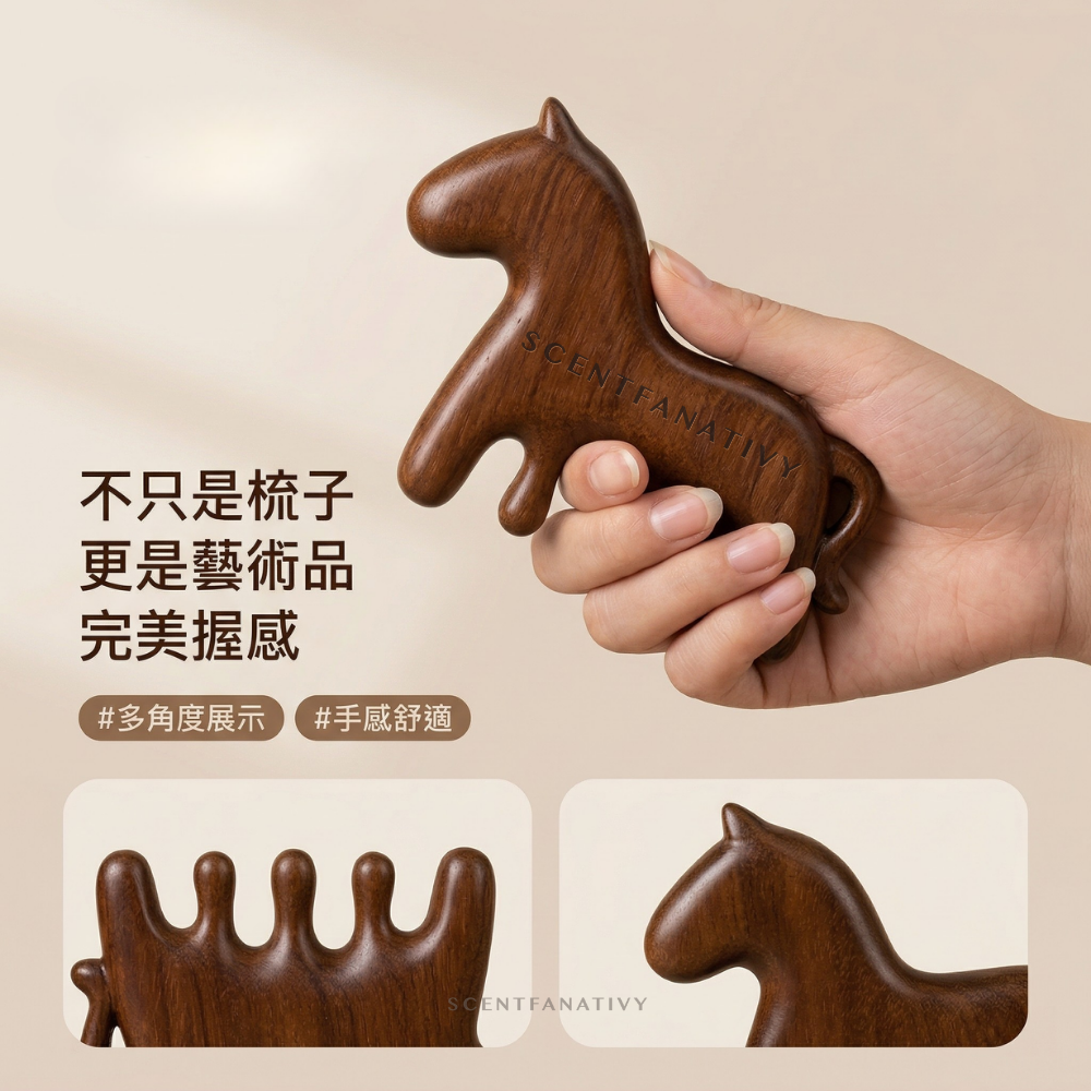 【詩梵娜香氛】天然金絲檀木 按摩馬梳梳 馬形按摩梳｜頭皮按摩 經絡梳 刮痧木梳 指壓SPA 寬齒防靜電 舒壓神器-細節圖9