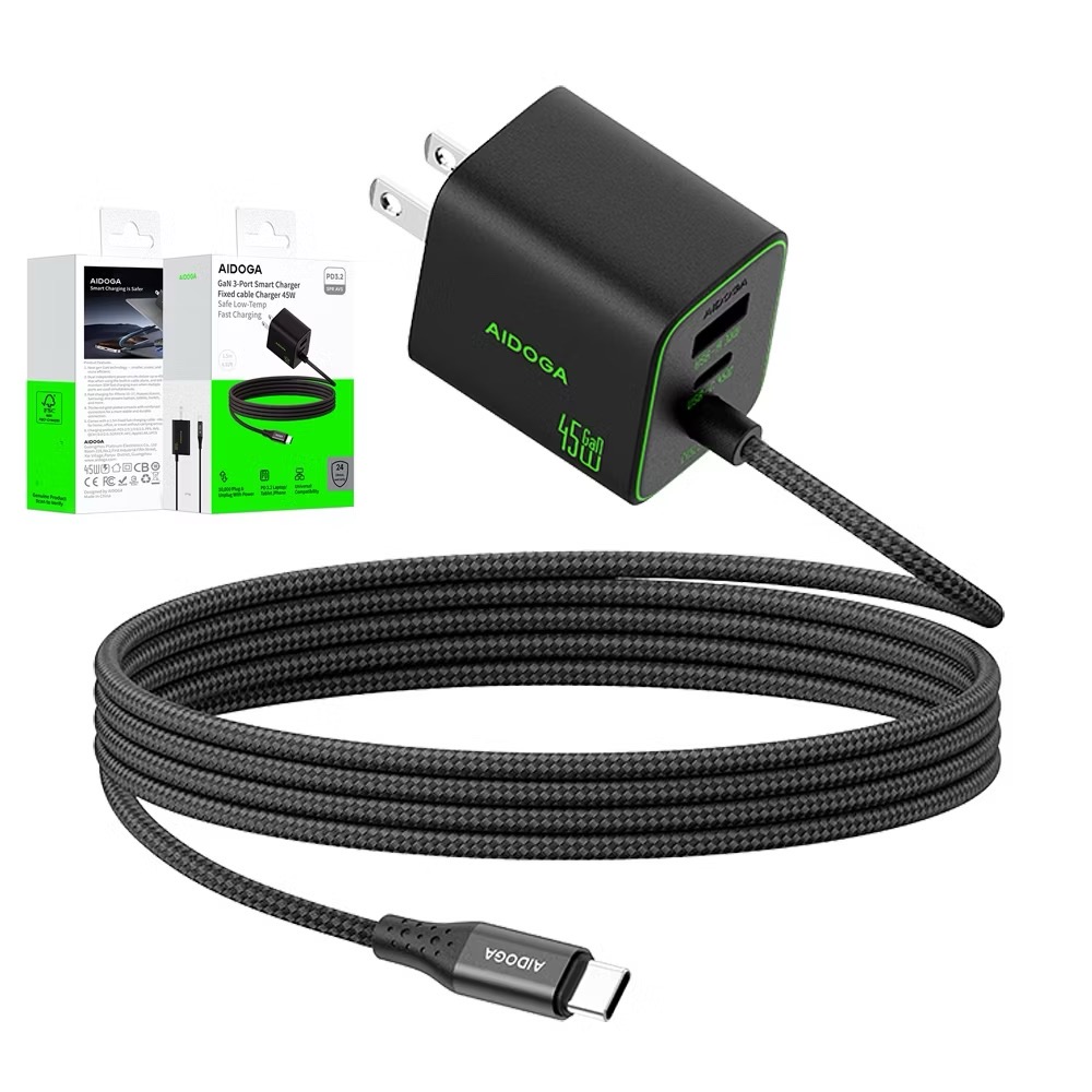 ￼AIDOGA 雙孔+自帶線 PD3.2快充 TypeC+USB GaN氮化鎵充電器 45W AVS QC4.0 1.5-細節圖2