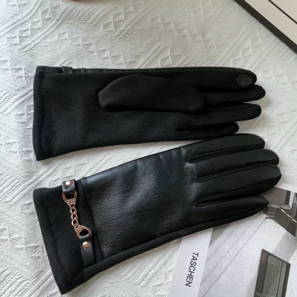 異材質拼接 女款 加絨保暖 防寒手套 PU皮革 麂皮絨 金屬扣飾 秋冬必備 騎車 可觸屏-細節圖3