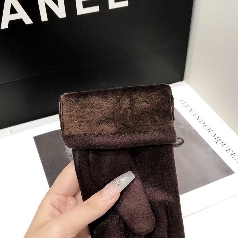 異材質拼接 女款 加絨保暖 防寒手套 PU皮革 麂皮絨 金屬扣飾 秋冬必備 騎車 可觸屏-細節圖4