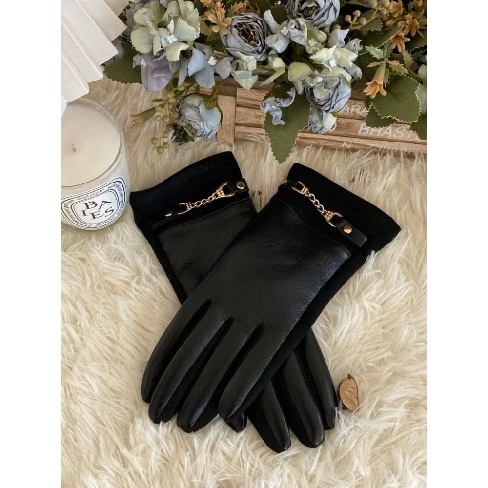 異材質拼接 女款 加絨保暖 防寒手套 PU皮革 麂皮絨 金屬扣飾 秋冬必備 騎車 可觸屏-細節圖5