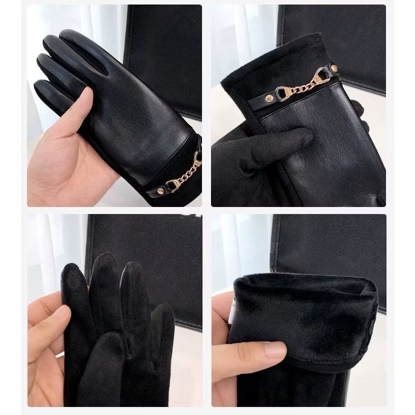 異材質拼接 女款 加絨保暖 防寒手套 PU皮革 麂皮絨 金屬扣飾 秋冬必備 騎車 可觸屏-細節圖6