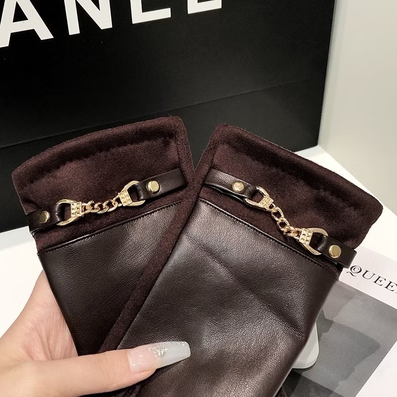 異材質拼接 女款 加絨保暖 防寒手套 PU皮革 麂皮絨 金屬扣飾 秋冬必備 騎車 可觸屏-細節圖7