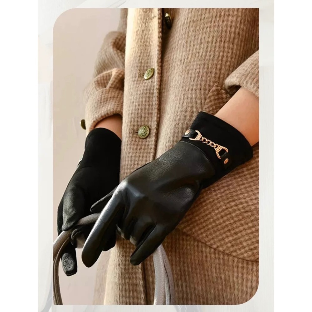 異材質拼接 女款 加絨保暖 防寒手套 PU皮革 麂皮絨 金屬扣飾 秋冬必備 騎車 可觸屏-細節圖9