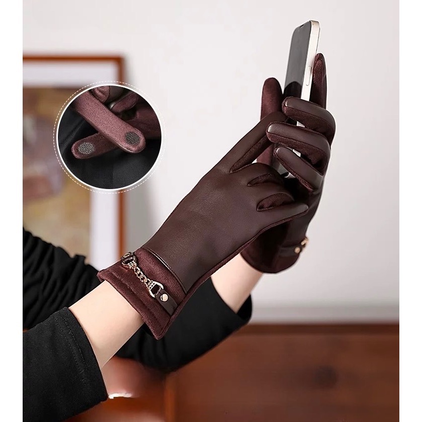異材質拼接 女款 加絨保暖 防寒手套 PU皮革 麂皮絨 金屬扣飾 秋冬必備 騎車 可觸屏-細節圖10