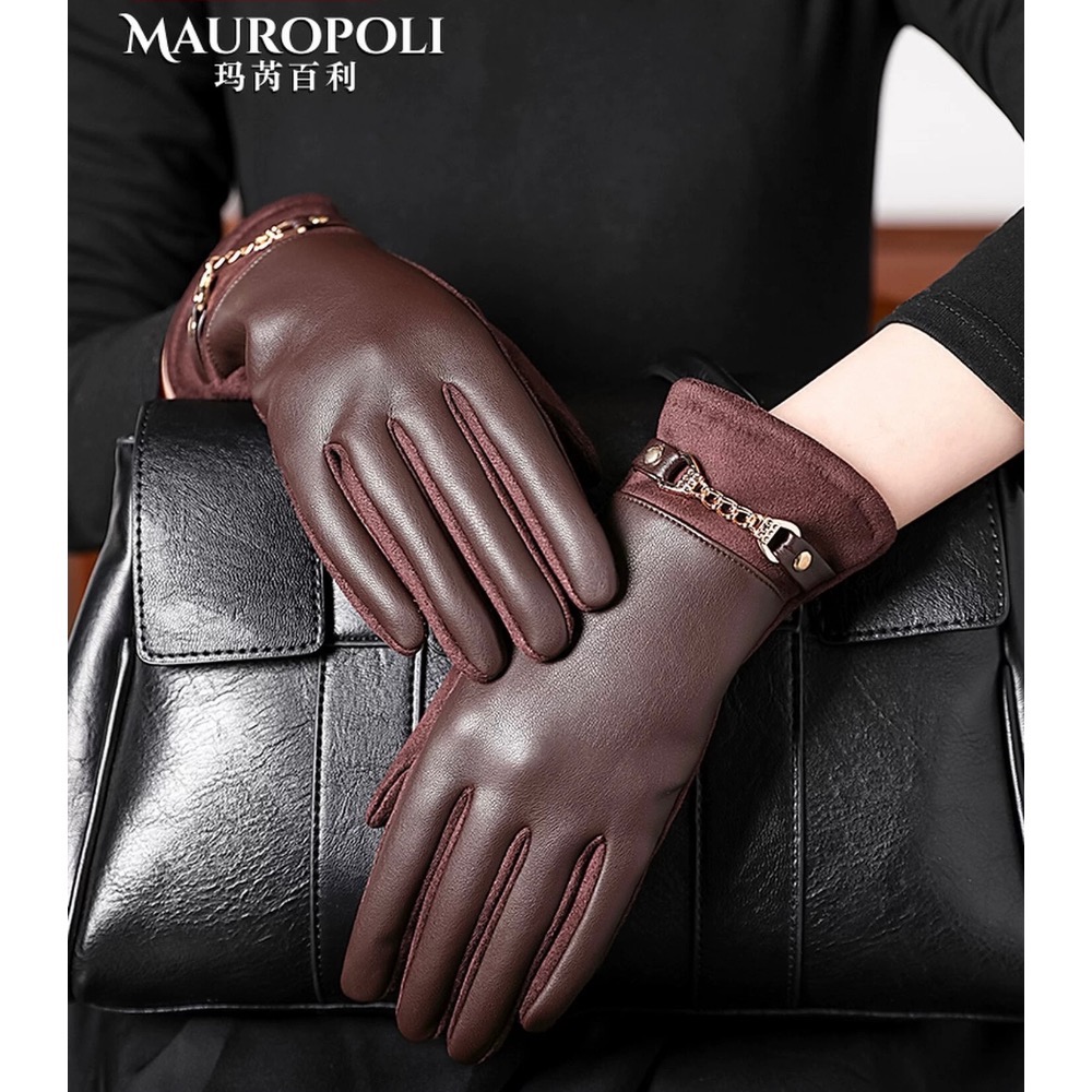 異材質拼接 女款 加絨保暖 防寒手套 PU皮革 麂皮絨 金屬扣飾 秋冬必備 騎車 可觸屏-細節圖11