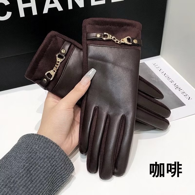 異材質拼接 女款 加絨保暖 防寒手套 PU皮革 麂皮絨 金屬扣飾 秋冬必備 騎車 可觸屏-規格圖11
