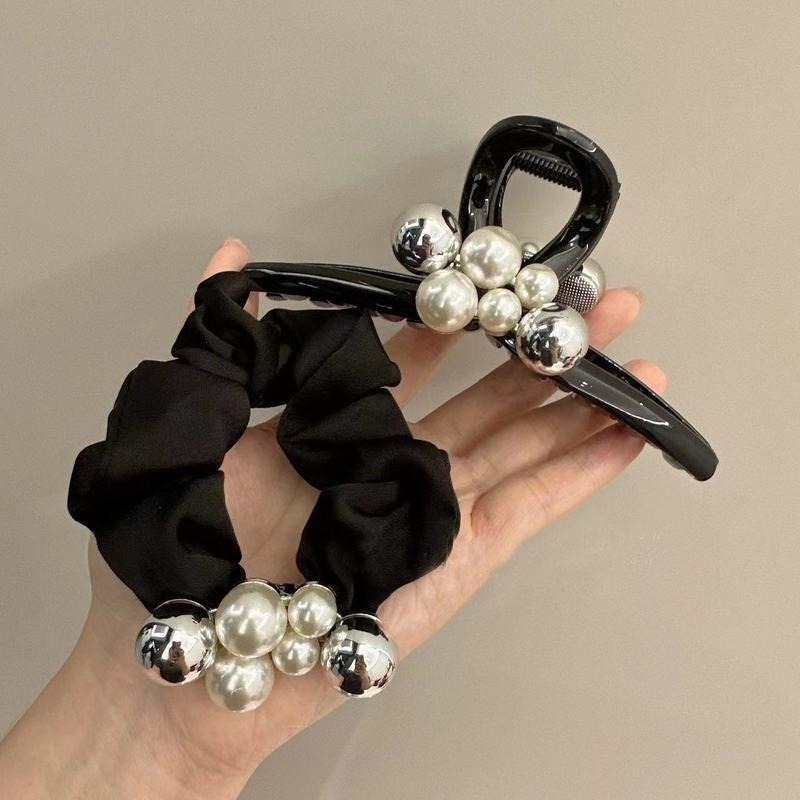 24H出貨 輕奢設計感 珍珠 鯊魚夾 抓夾 珍珠抓夾 大腸圈髮束 盤髮夾 髮繩 髮圈-細節圖4