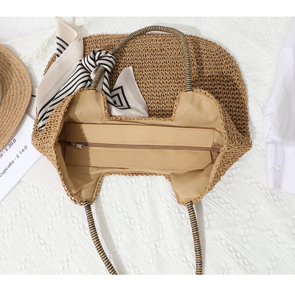 24H出貨 雙色提把 大容量草編 肩背包 草編包 編織包 長提帶  大方包 手提包 托特包 沙灘包 側背包-細節圖2