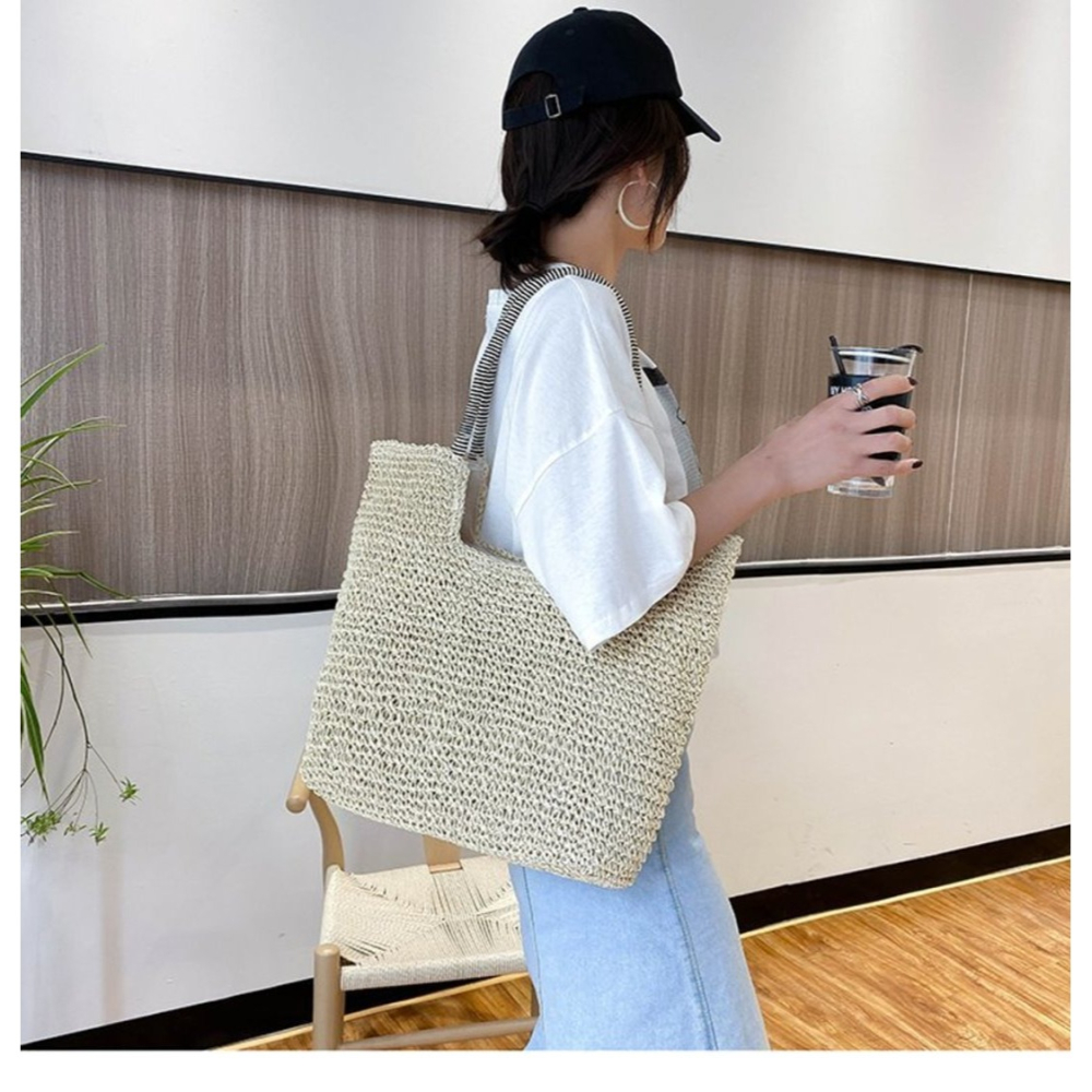 24H出貨 雙色提把 大容量草編 肩背包 草編包 編織包 長提帶  大方包 手提包 托特包 沙灘包 側背包-細節圖4