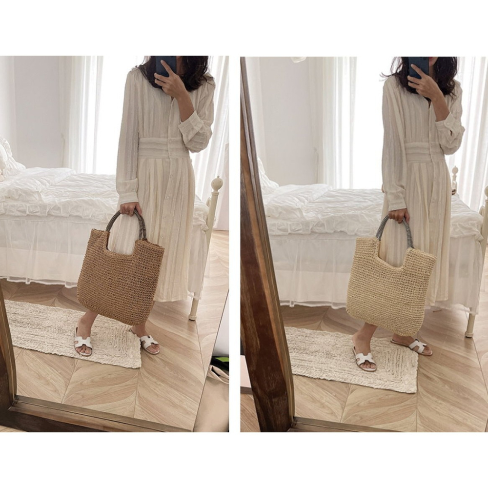 24H出貨 雙色提把 大容量草編 肩背包 草編包 編織包 長提帶  大方包 手提包 托特包 沙灘包 側背包-細節圖5