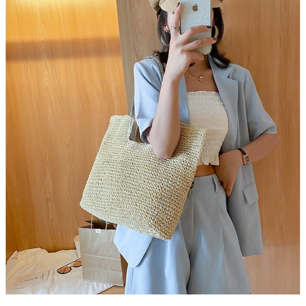 24H出貨 雙色提把 大容量草編 肩背包 草編包 編織包 長提帶  大方包 手提包 托特包 沙灘包 側背包-細節圖6