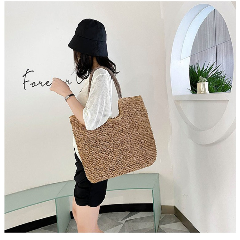 24H出貨 雙色提把 大容量草編 肩背包 草編包 編織包 長提帶  大方包 手提包 托特包 沙灘包 側背包-細節圖7