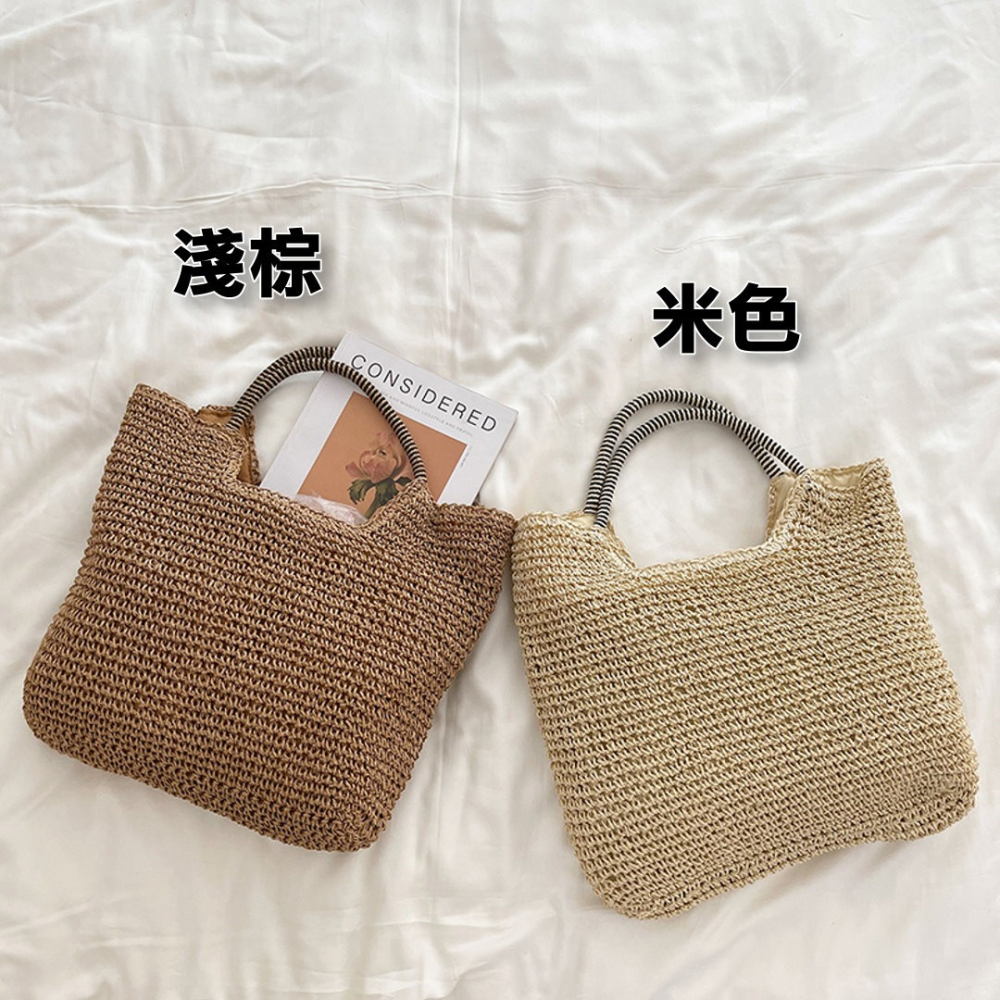 24H出貨 雙色提把 大容量草編 肩背包 草編包 編織包 長提帶  大方包 手提包 托特包 沙灘包 側背包-細節圖9