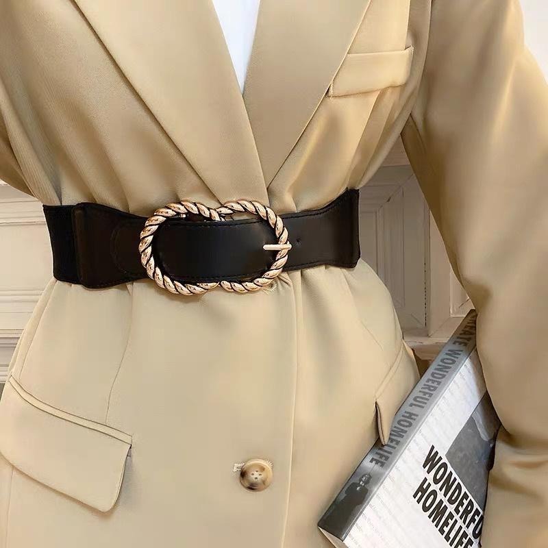 24H出貨 復古造型金釦 皮革 鬆緊 彈力 腰封 腰帶 造型腰帶 皮帶 顯瘦 寬版腰帶 鬆緊腰封-細節圖2