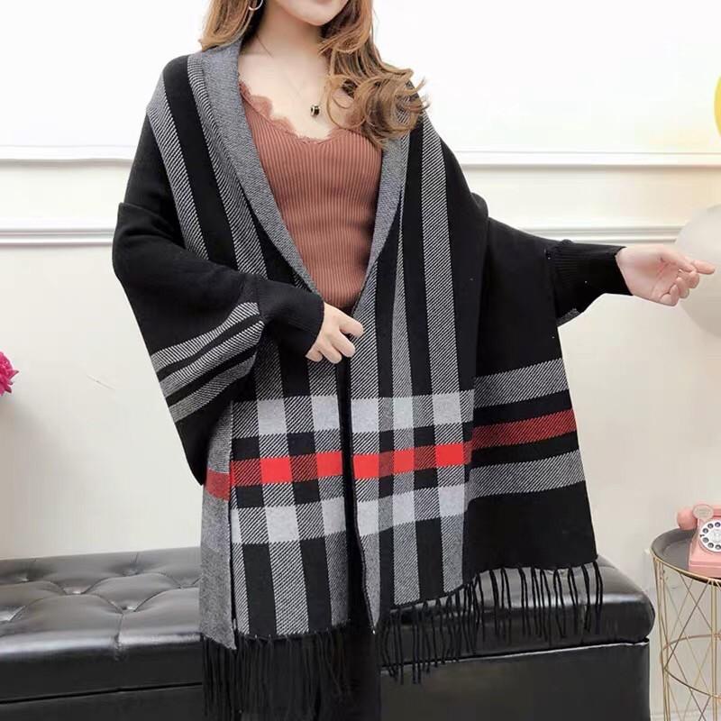 秋冬質感格紋手袖披肩 連袖 流蘇 披肩 罩衫 圍巾 斗篷 針織-細節圖2