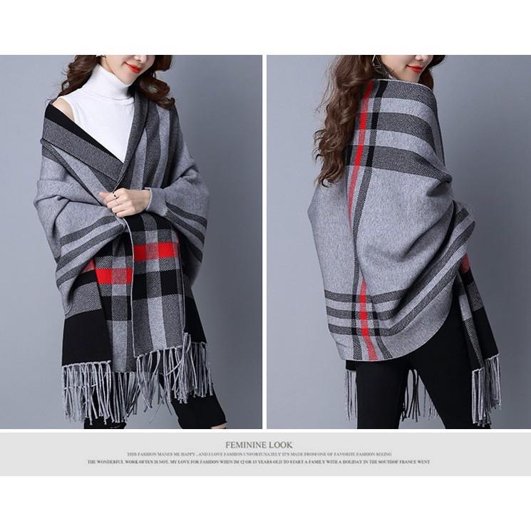 秋冬質感格紋手袖披肩 連袖 流蘇 披肩 罩衫 圍巾 斗篷 針織-細節圖3