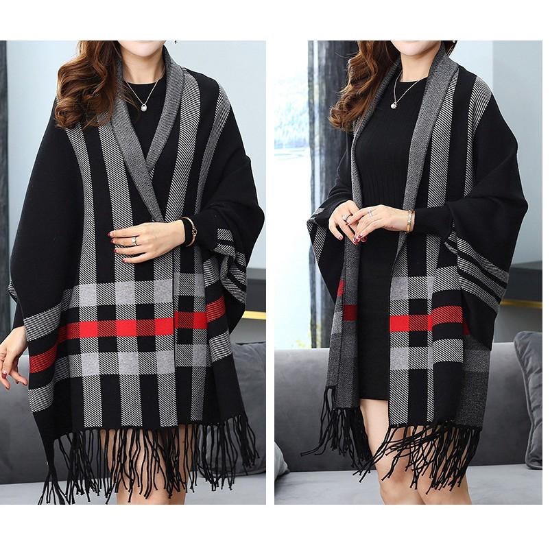 秋冬質感格紋手袖披肩 連袖 流蘇 披肩 罩衫 圍巾 斗篷 針織-細節圖4