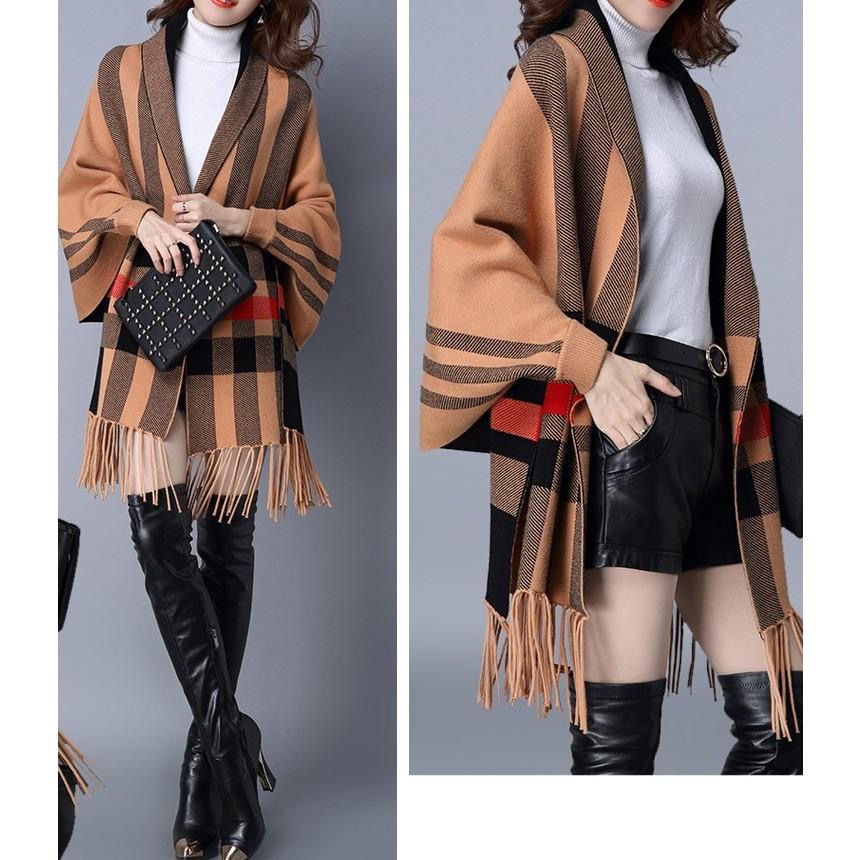 秋冬質感格紋手袖披肩 連袖 流蘇 披肩 罩衫 圍巾 斗篷 針織-細節圖5