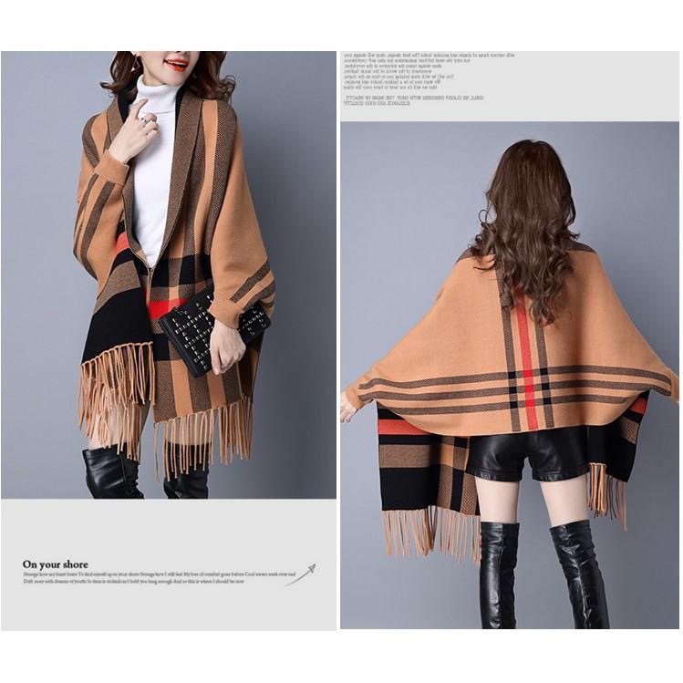 秋冬質感格紋手袖披肩 連袖 流蘇 披肩 罩衫 圍巾 斗篷 針織-細節圖6