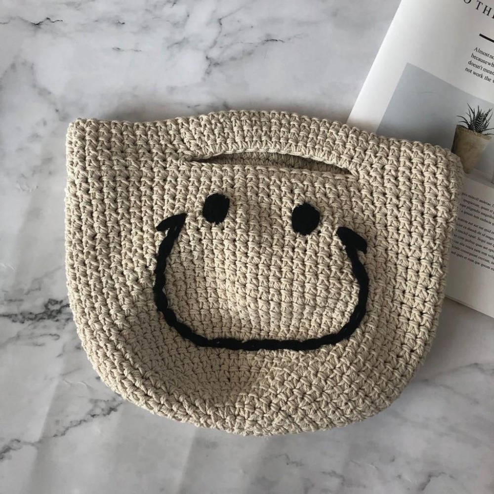 smile日系風 微笑編織包 手工編織手提包 笑臉包 編織包 手提包 水餃包 小方包 休閒包 笑臉包-細節圖7