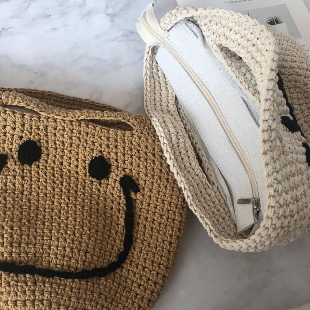 smile日系風 微笑編織包 手工編織手提包 笑臉包 編織包 手提包 水餃包 小方包 休閒包 笑臉包-細節圖8