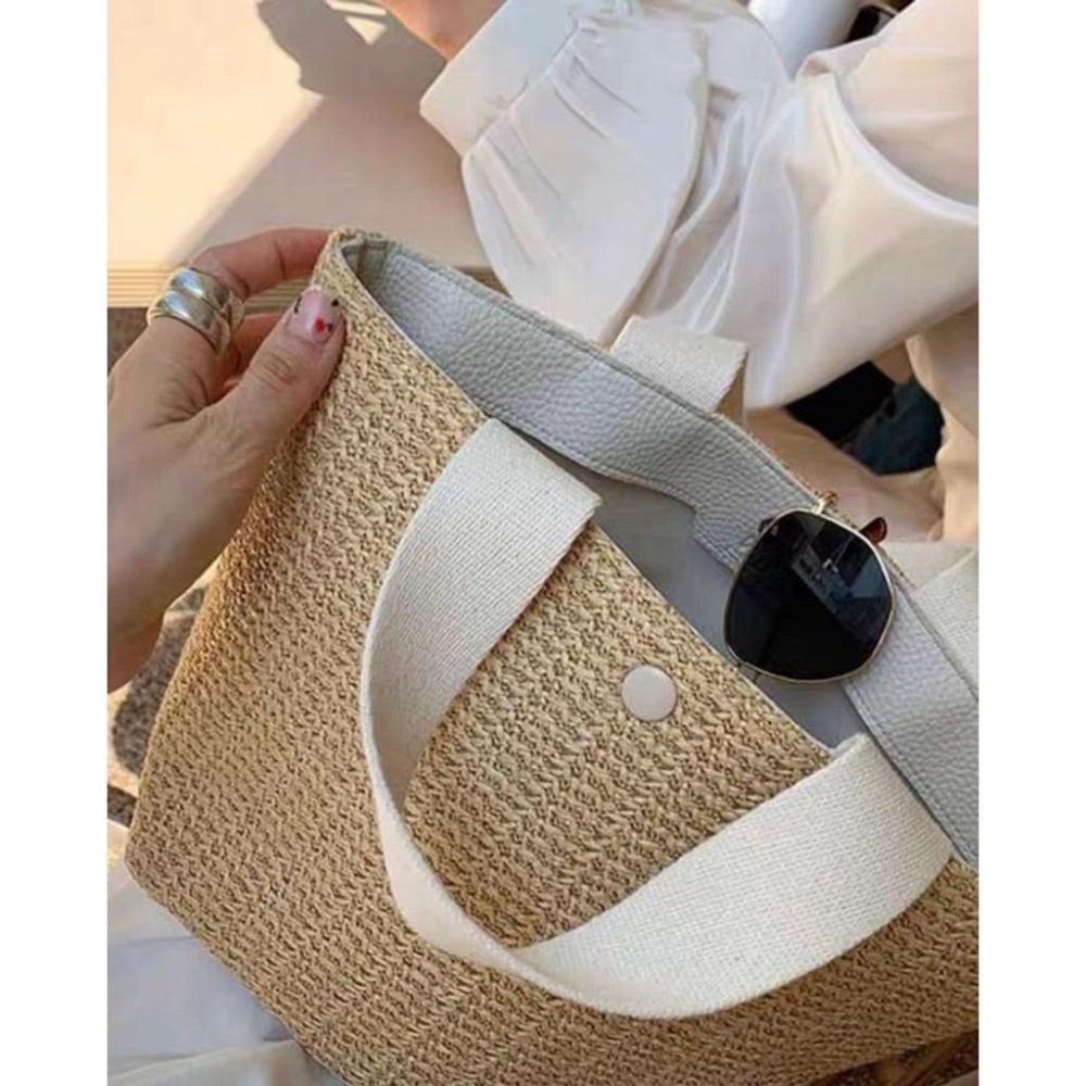 簡約款 草編包 手提 沙灘包 度假 編織包 手提包 PU材質 仿草編 小包 小方包-細節圖2