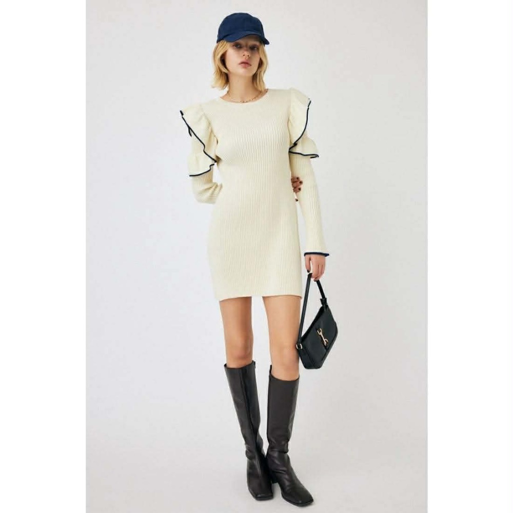 日牌 專櫃 moussy 貴牌 撞色 花邊 滾邊 針織 短洋裝-細節圖2