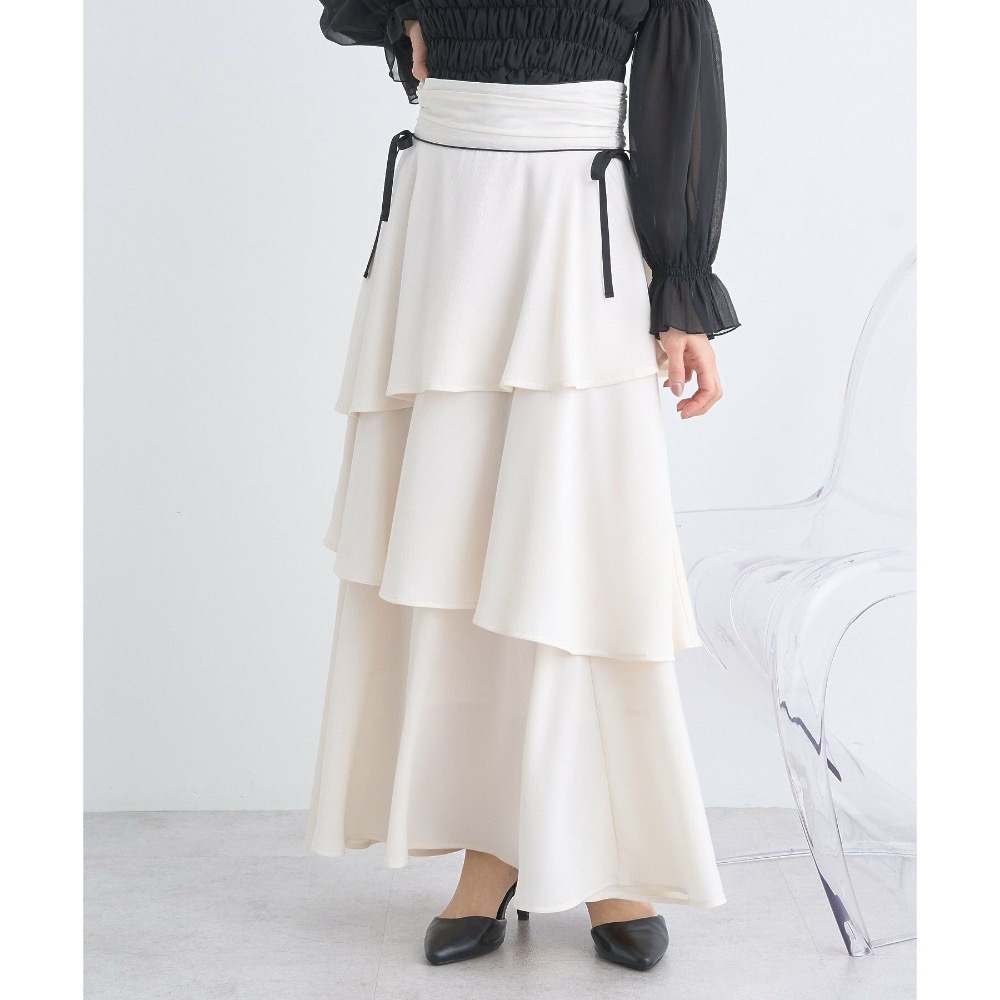 日牌 專櫃 earth music&ecology 蝴蝶結綁帶 蛋糕 撞色 拼接 半裙 半身裙 蛋糕裙-細節圖2