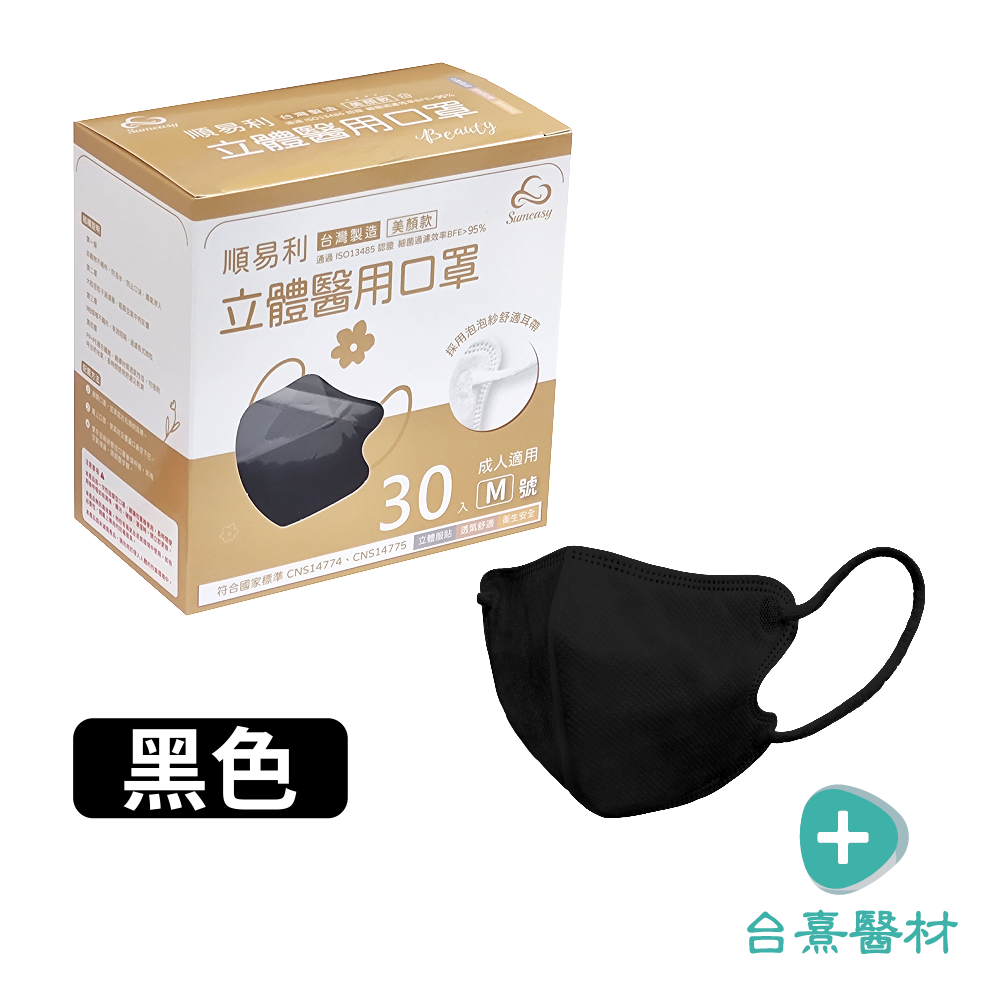 【台熹醫材】順易利立體醫用口罩 美顏款M 成人3D(30入/盒) 無鼻樑壓條 黑色口罩 藍色口罩 白色口罩 醫療口罩-細節圖2