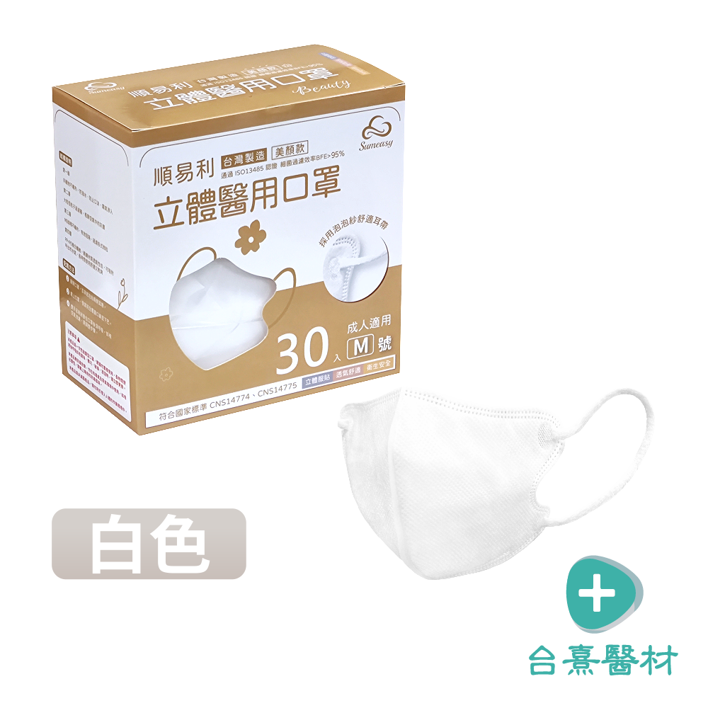 【台熹醫材】順易利立體醫用口罩 美顏款M 成人3D(30入/盒) 無鼻樑壓條 黑色口罩 藍色口罩 白色口罩 醫療口罩-細節圖3