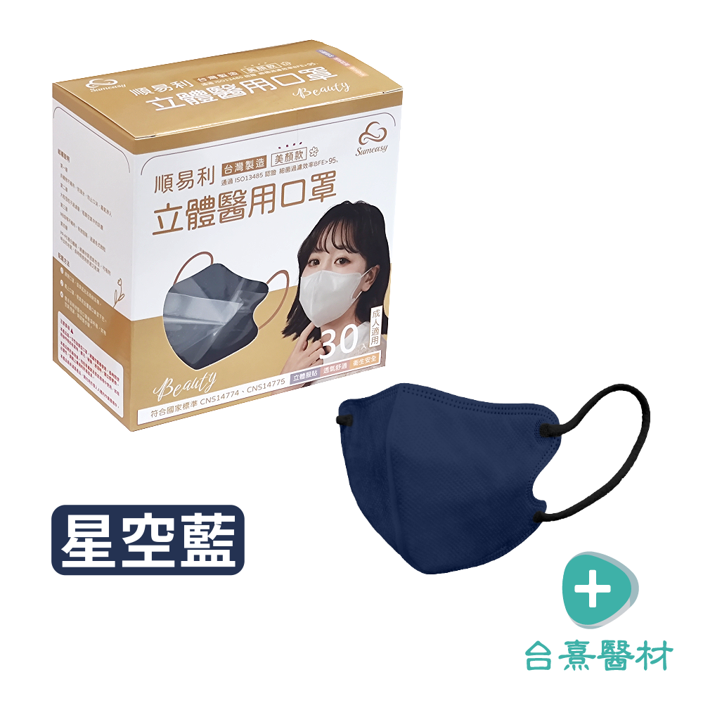 【台熹醫材】Sumeasy 順易利立體醫用口罩 美顏款M 成人3D(30入/盒) 無鼻樑壓條 黑色/藍色/白色/奶茶色-細節圖4