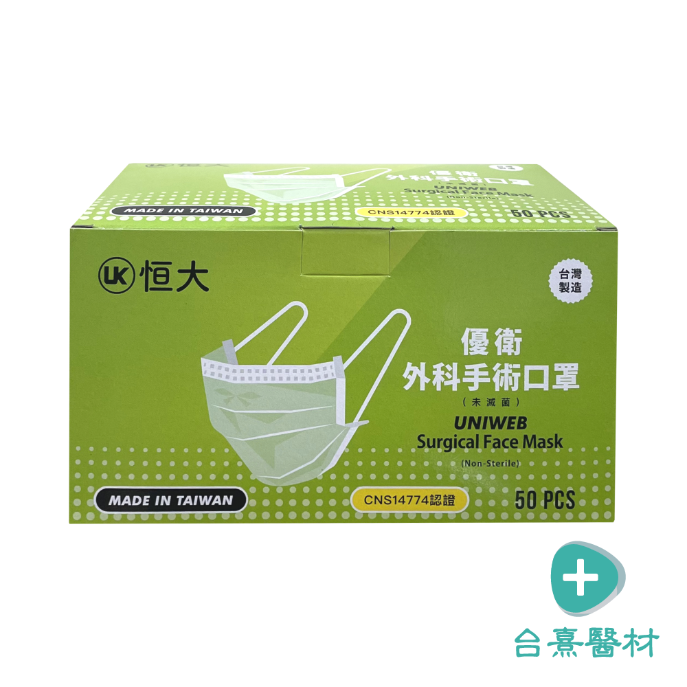 【台熹醫材】恒大 優衛外科手術口罩(第二等級) 綠色 (50入/盒) 成人耳帶平面 公司貨 恒大口罩 恆大口罩-細節圖3