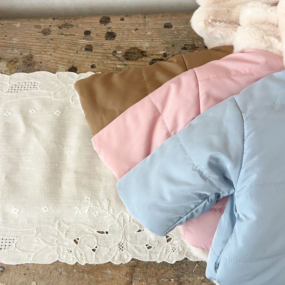 N101【預】糖果色絨毛連帽外套 藍/粉/棕 (size:66~100cm)-細節圖2