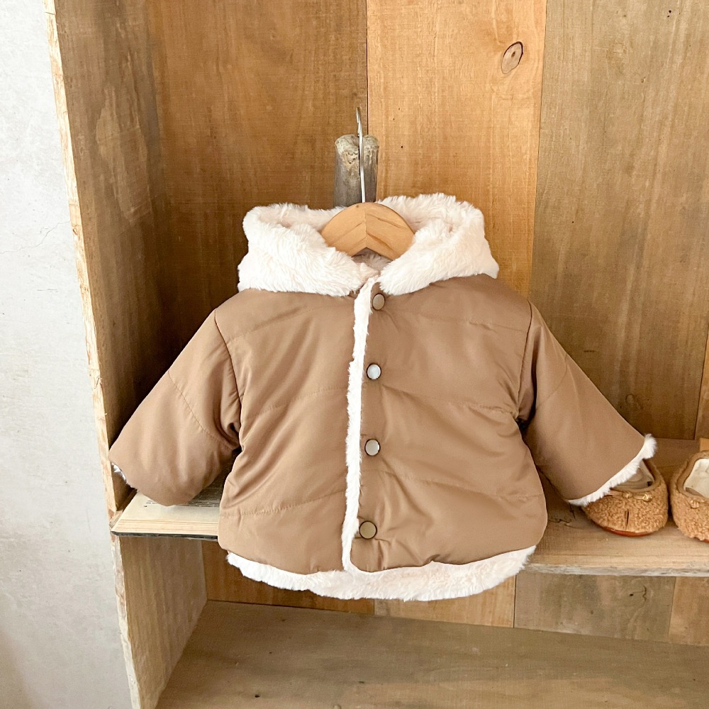 N101【預】糖果色絨毛連帽外套 藍/粉/棕 (size:66~100cm)-規格圖4