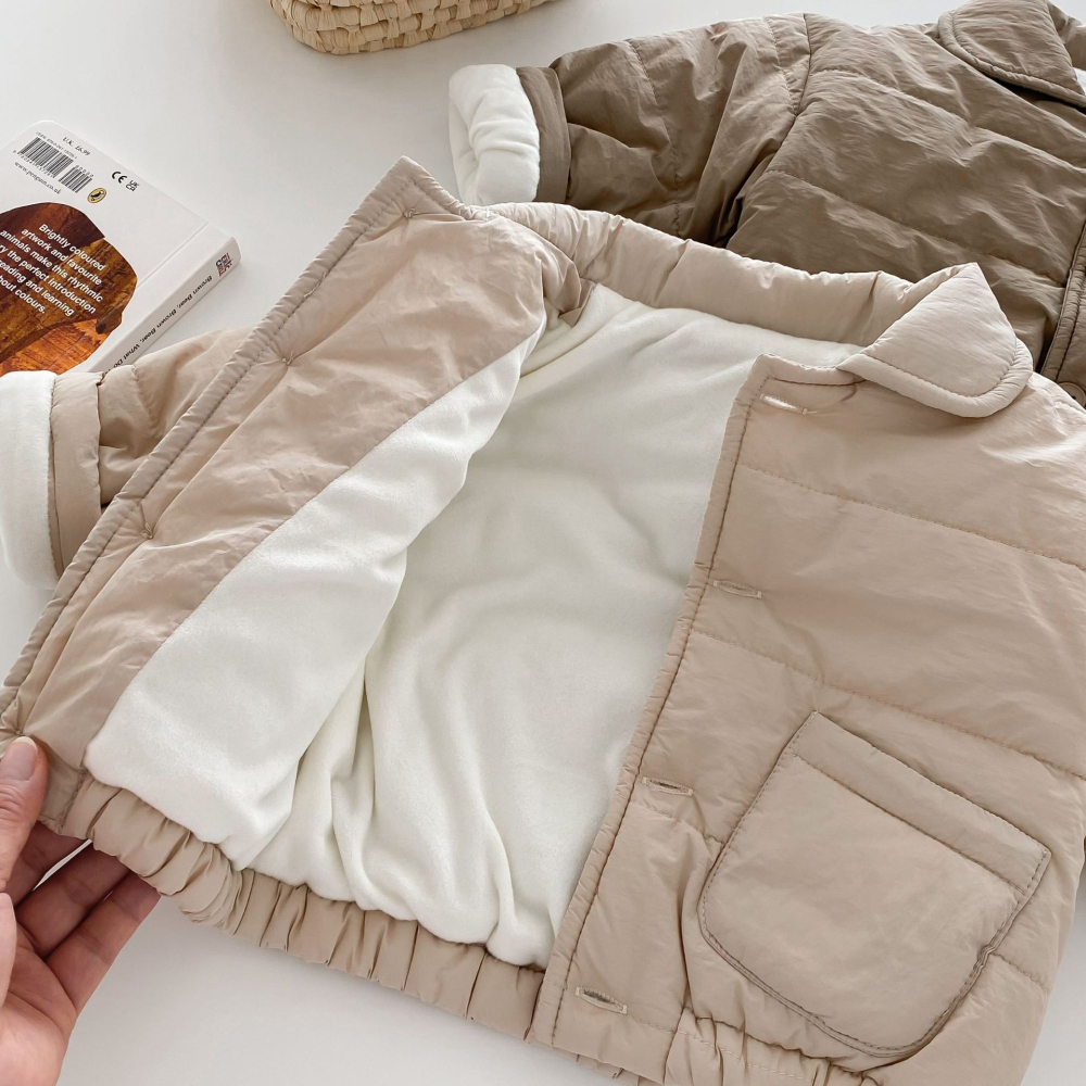 N104【預】韓風翻領內刷絨大口袋外套 卡/米  (size:73~120cm)-細節圖4