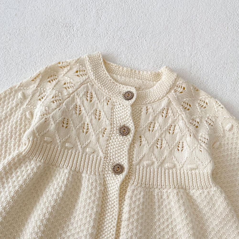 N109【預】純色簍空針織開襟外搭上衣 (size:66~100cm)-細節圖2