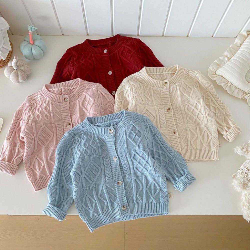 N038【預購】女童洋氣提花毛衣純色針織衫 4色 紅/藍/粉/白(73~120)-細節圖2