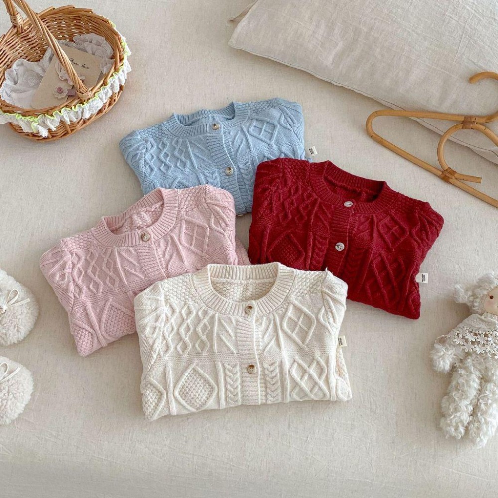 N038【預購】女童洋氣提花毛衣純色針織衫 4色 紅/藍/粉/白(73~120)-細節圖3