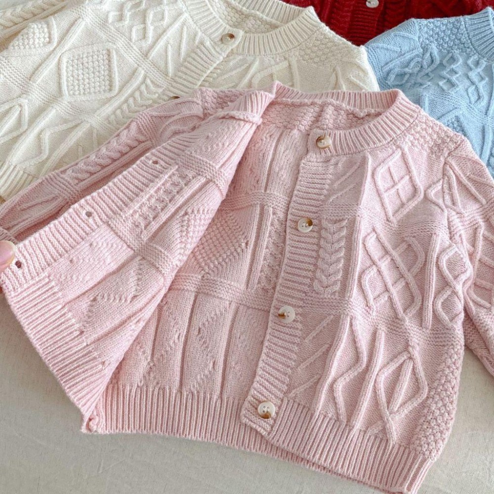 N038【預購】女童洋氣提花毛衣純色針織衫 4色 紅/藍/粉/白(73~120)-細節圖4