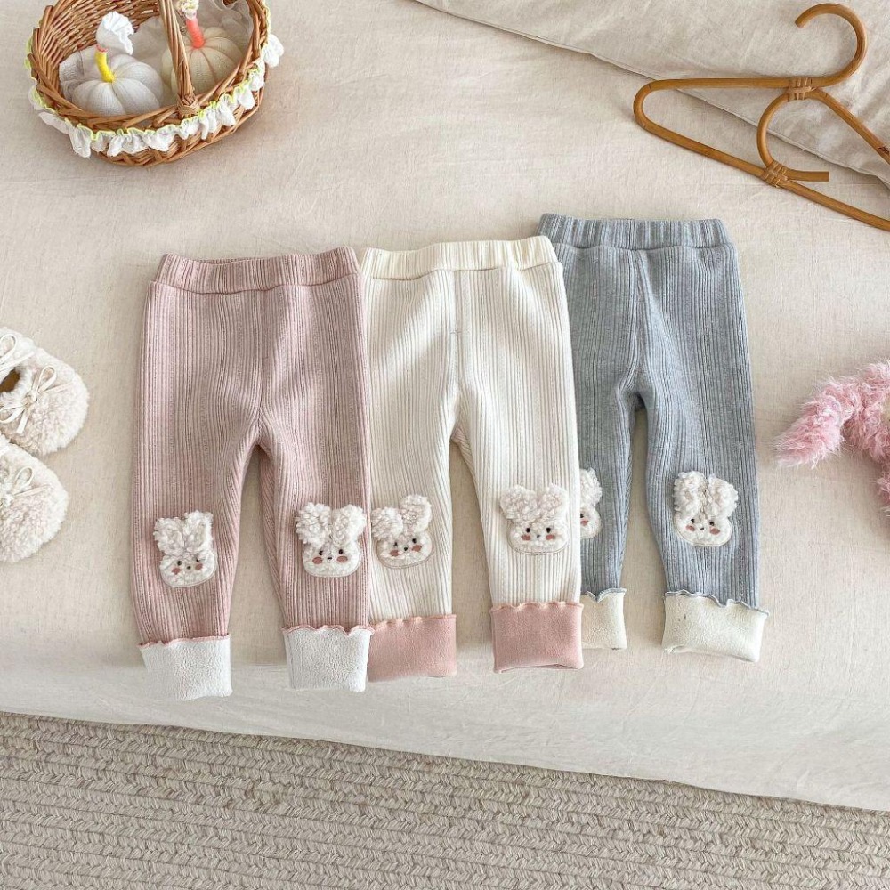 N026【預購】女童小兔子搖粒絨內刷毛緊身褲內搭褲保暖褲3色 粉/米/灰 (73~120)-細節圖2