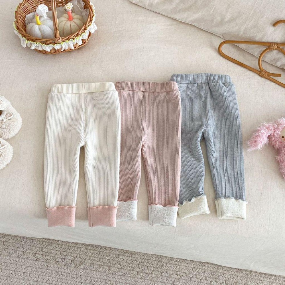 N026【預購】女童小兔子搖粒絨內刷毛緊身褲內搭褲保暖褲3色 粉/米/灰 (73~120)-細節圖3