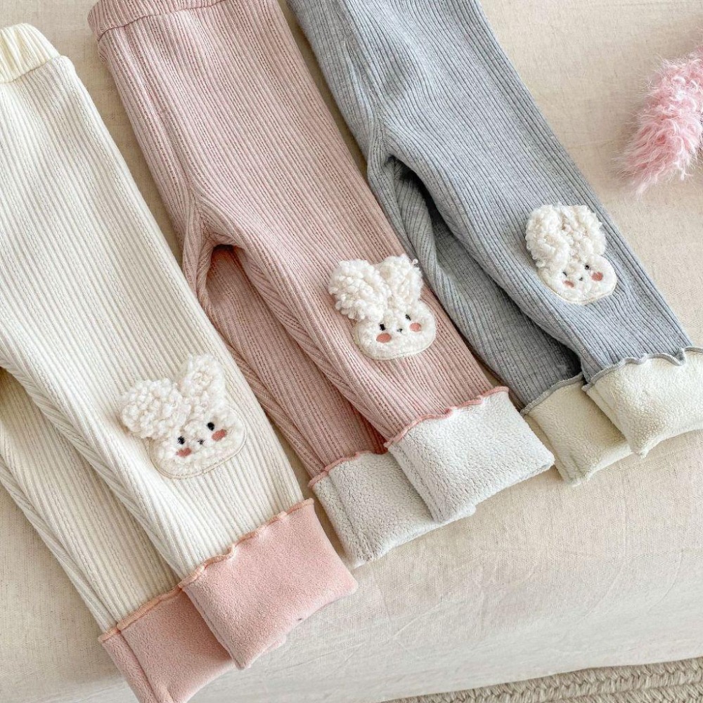 N026【預購】女童小兔子搖粒絨內刷毛緊身褲內搭褲保暖褲3色 粉/米/灰 (73~120)-細節圖4