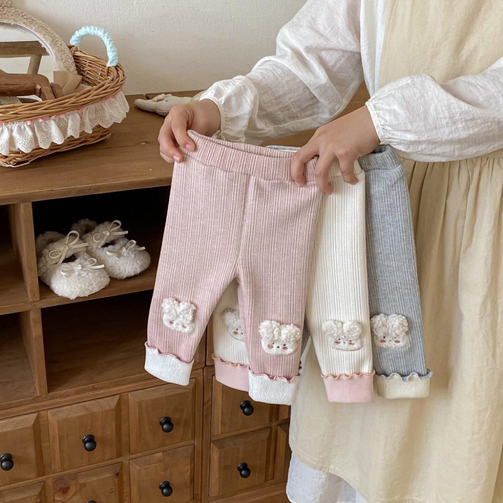 N026【預購】女童小兔子搖粒絨內刷毛緊身褲內搭褲保暖褲3色 粉/米/灰 (73~120)-細節圖5